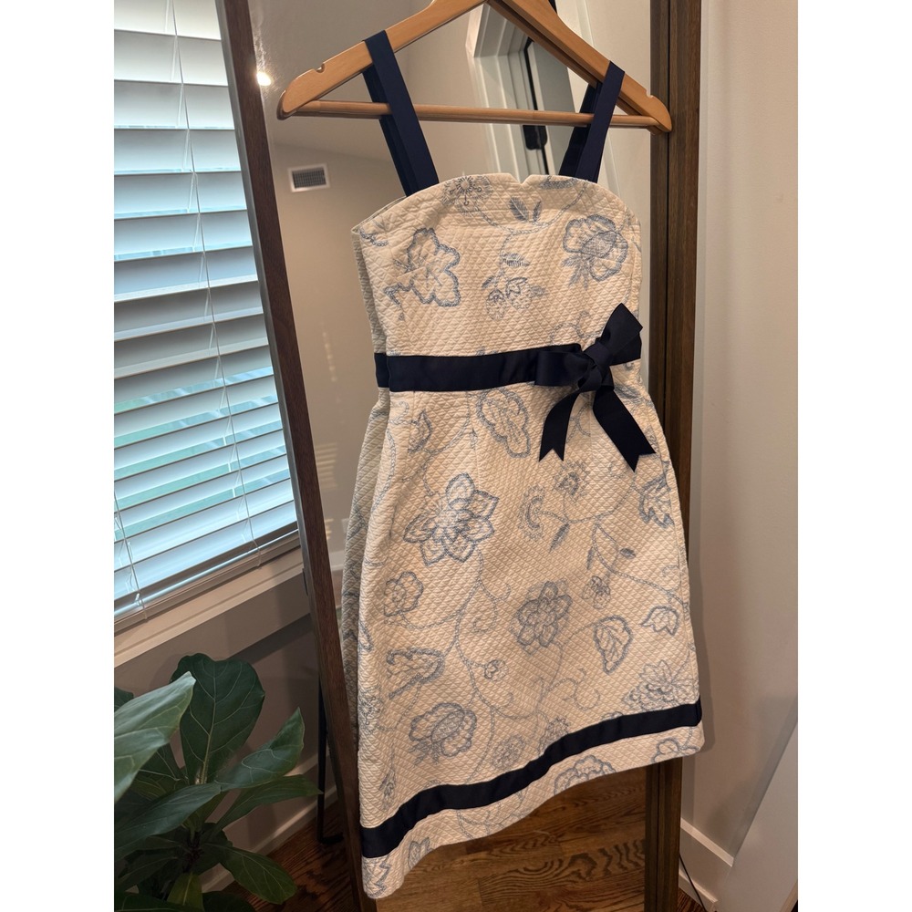 Molly B USA Ivory Floral Quilted Dress Navy Bow Sleeveless Party Cocktail size 2